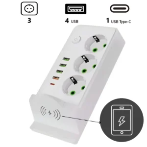 3 rozetkalı USB və simsiz şarjlı elektrik uzadıcı