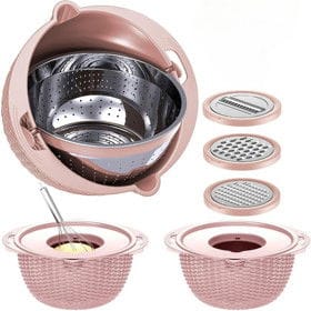 Dəst (sürtgəc + kasa + süzgəc) ZV1291, paslanmayan polad, gümüşü/çəhrayı, 30 sm, 7 parça – Mətbəx alətləri, Qab-qacaq və Ev və Mətbəx üçün
